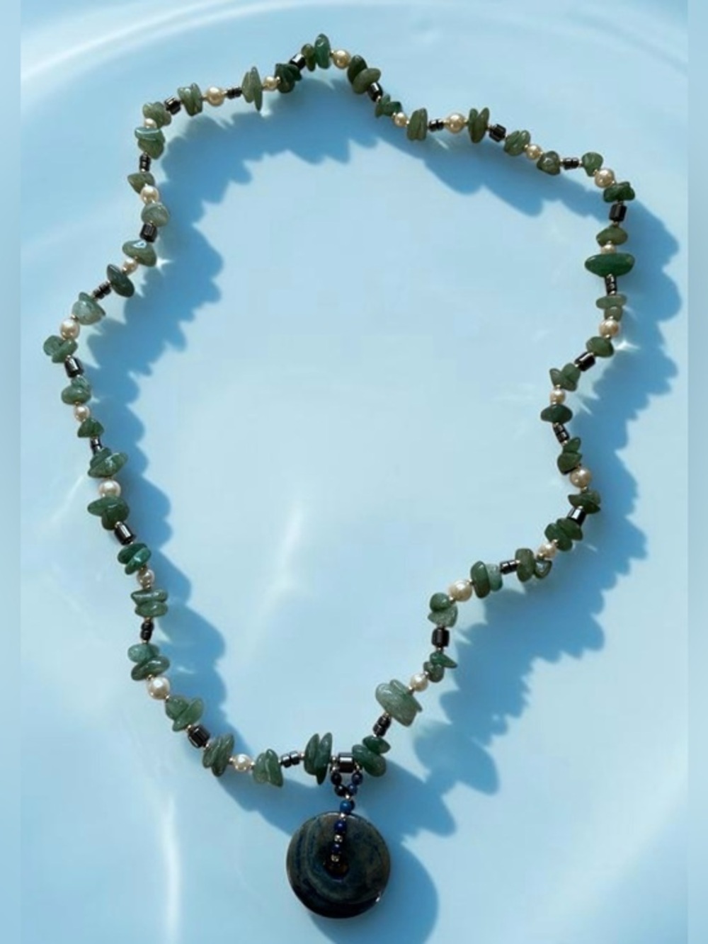 🫶🏻 Lapis Lazuli 30mm Pendant & Green Agate Stone Beaded Necklace